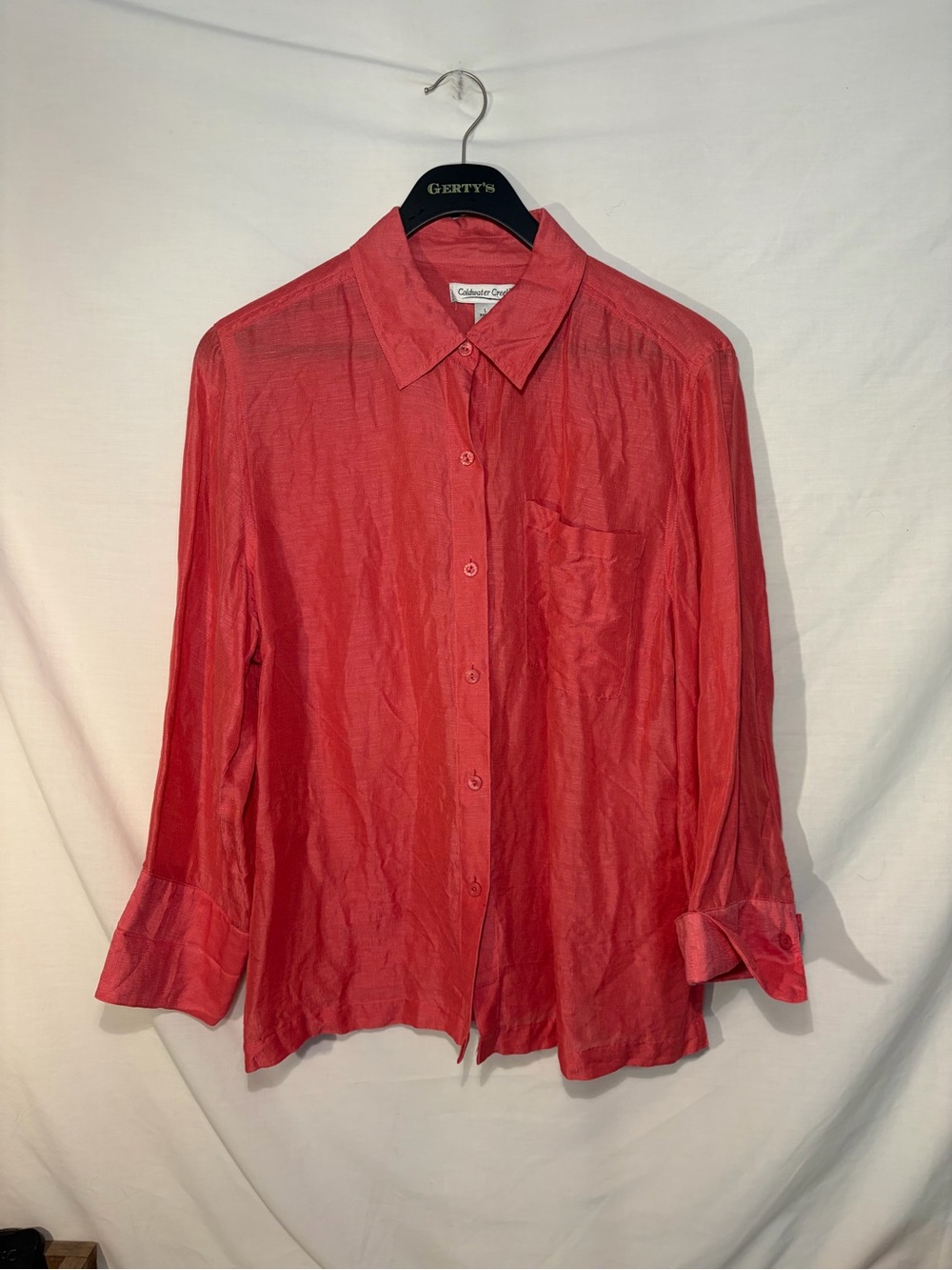 Coldwater Creek womans linen/silk coral Button-Down Shirt size large